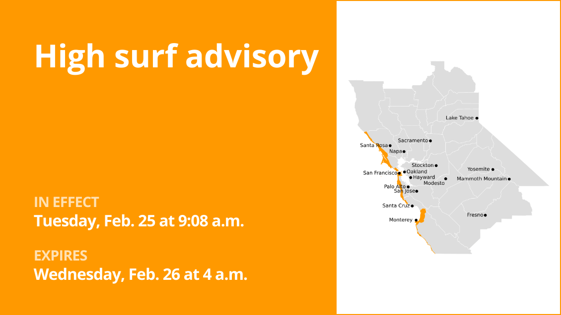 High surf advisory issued for Bay Area Shorelines until early Wednesday morning – breaking waves of 20 to 25 feet predicted