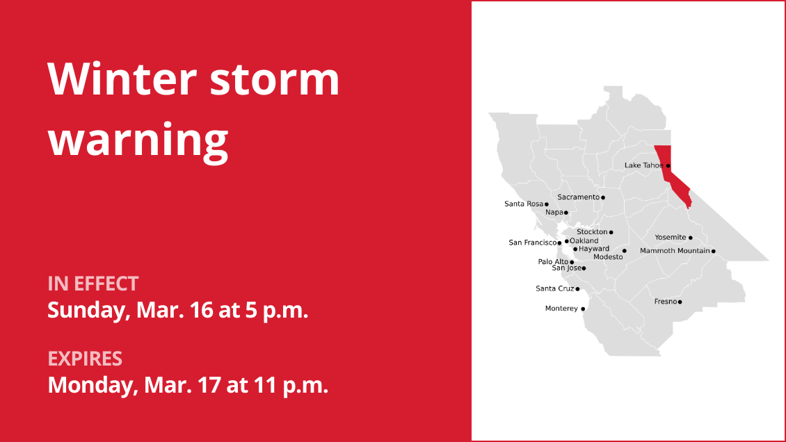 The Greater Lake Tahoe Area placed under a winter storm warning Sunday and Monday