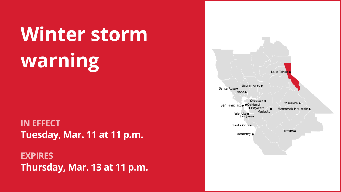 The Greater Lake Tahoe Area under a winter storm warning from Tuesday to Thursday – up to 2 inches of snow