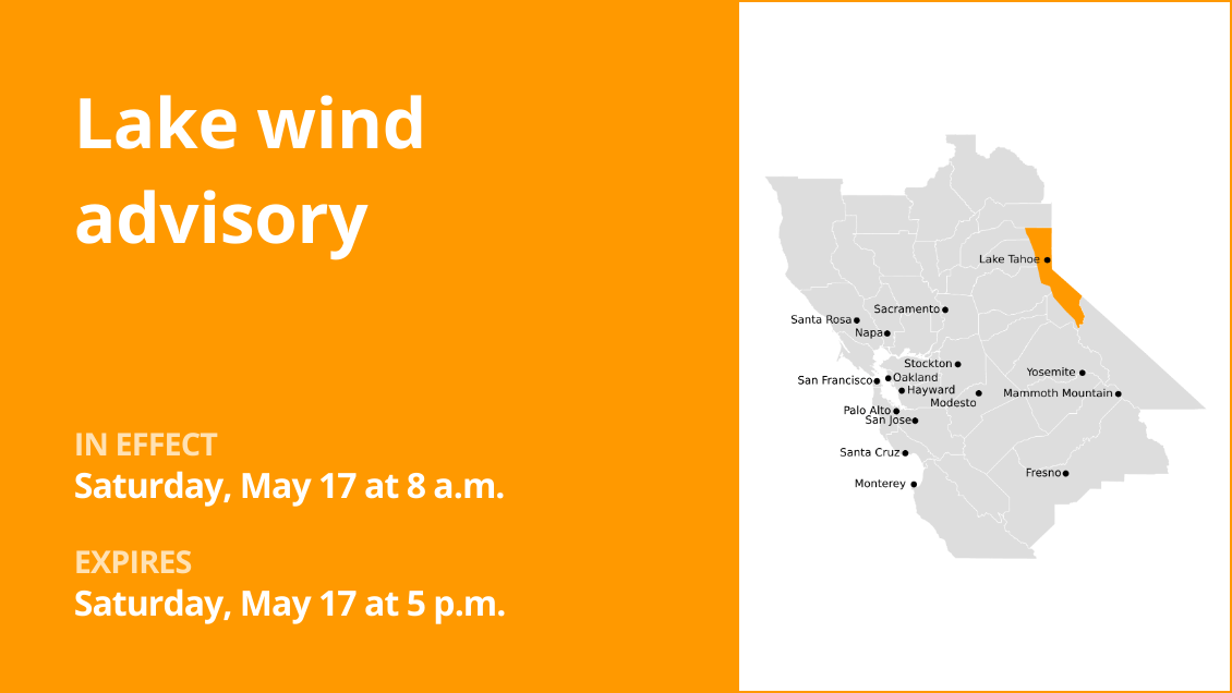 Lake wind advisory for the Greater Lake Tahoe Area until early Saturday evening, winds gusting up to 35 mph