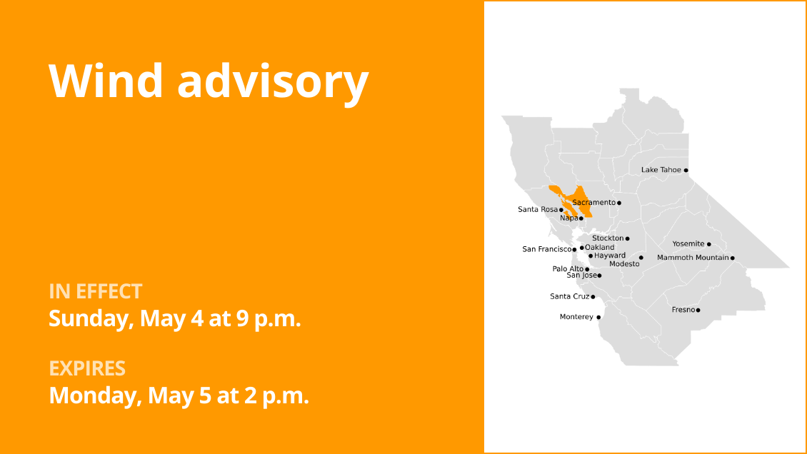 Wind advisory for North Bay Interior Mountains for Sunday and Monday – wind gusts up to 50 mph