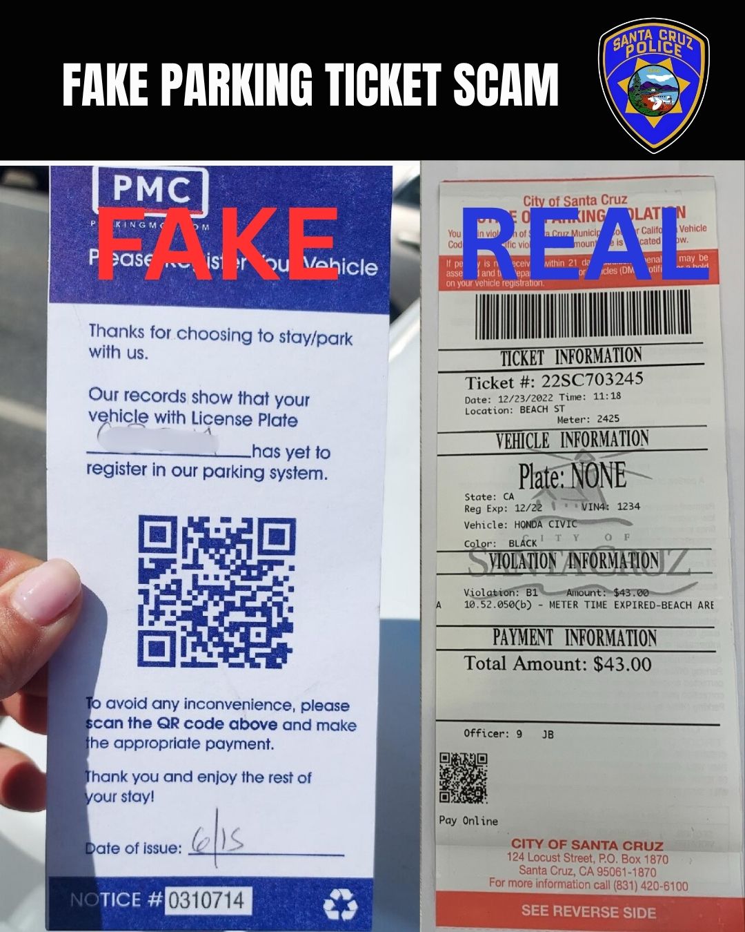 Scam alert: Fraudulent parking tickets circulating near Santa Cruz beaches
