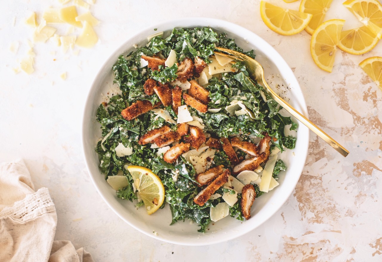 Recipe: Crispy Lemon Chicken Kale Caesar Salad