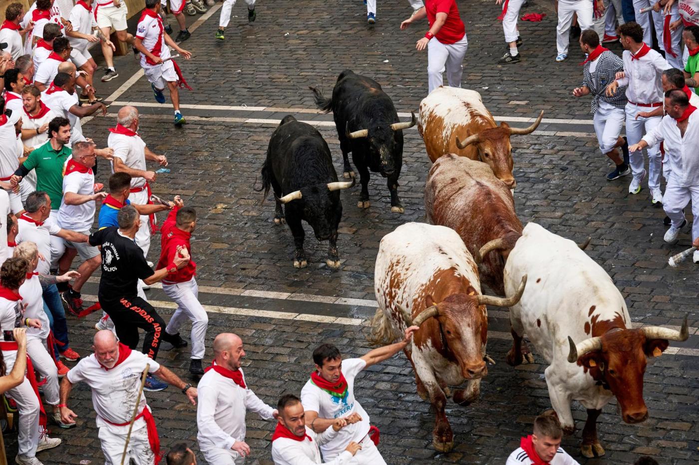 Daredevils run with charging bulls at Pamplona’s famous San Fermín festival