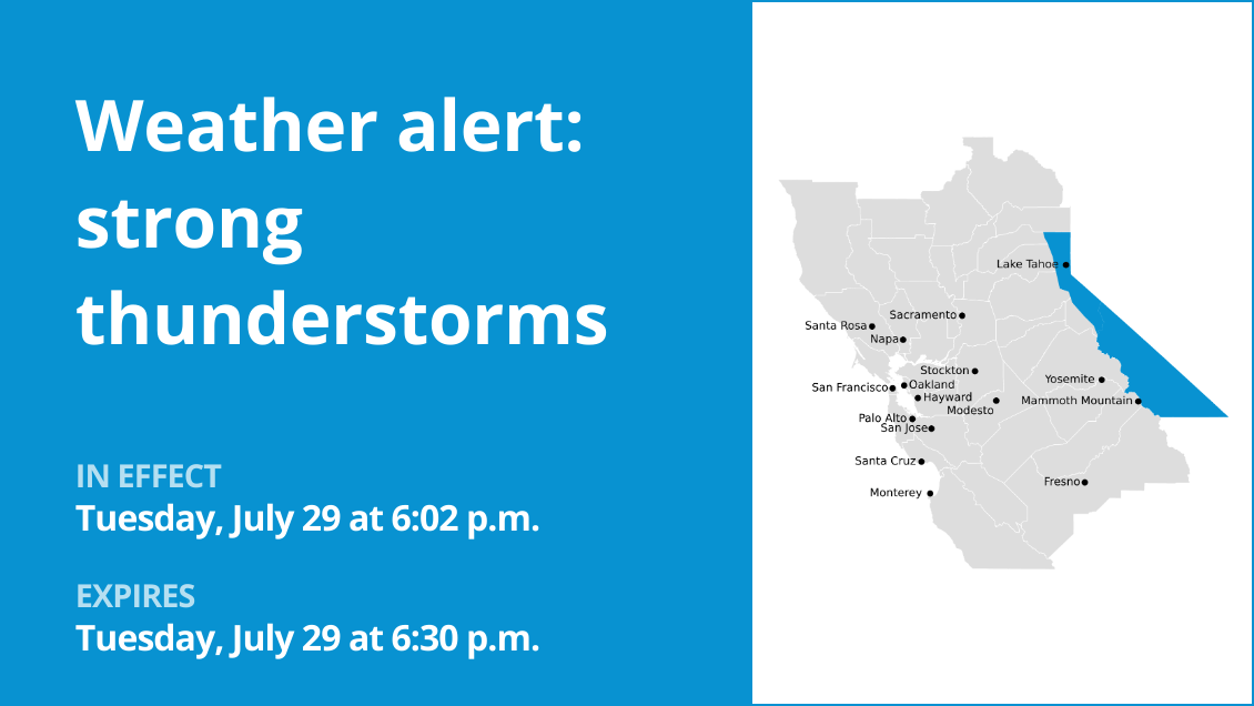 Thunderstorms with nickel-sized hail in the Greater Lake Tahoe Area Tuesday – gusts may reach 50 mph