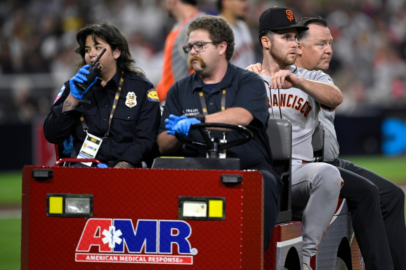 SF Giants’ Roupp carted off field following comebacker