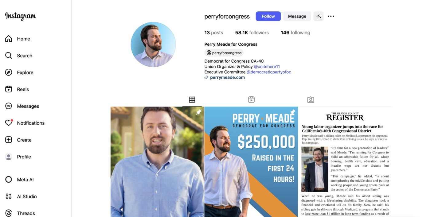An Instagram with 60,000 followers linked to a nonprofit quietly changed to a California congressional candidate’s campaign page. Now, a rival is asking the FEC to investigate
