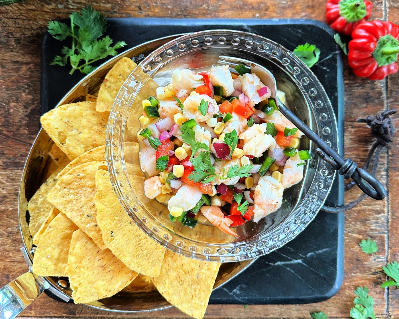 A little corn, some tortilla chips, a little salsa with your shrimp