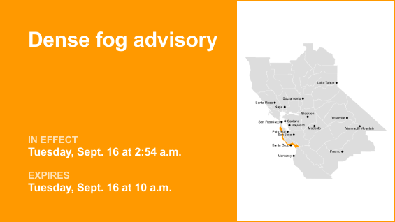Dense fog advisory for San Francisco Peninsula Coast and Northern Monterey Bay until Tuesday morning