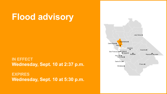 Napa County under a flood advisory early Wednesday evening triggered by significant rain