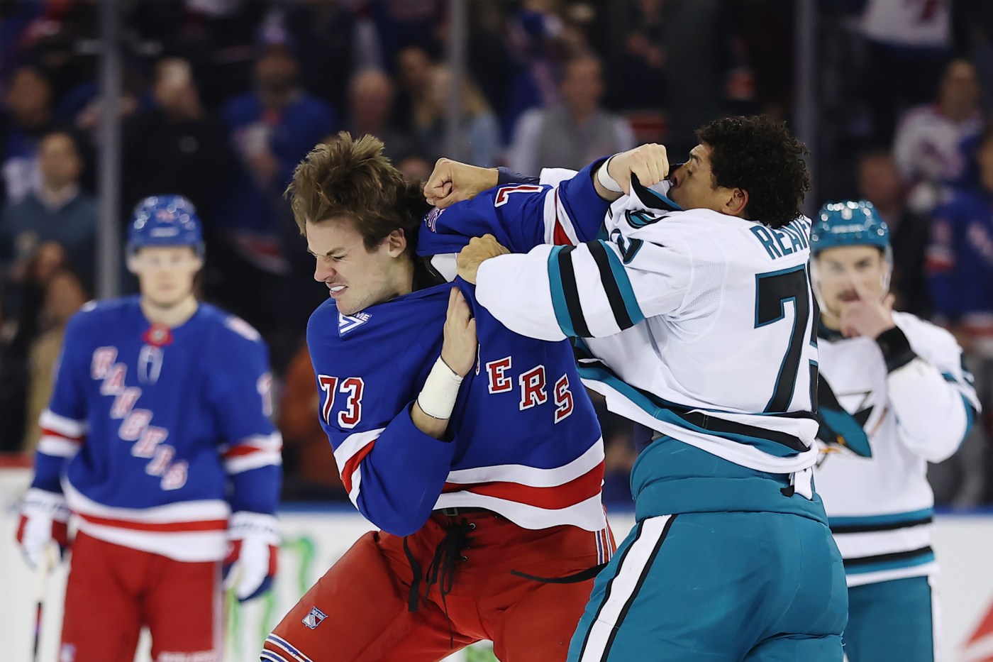 Ryan Reaves fights Matt Rempe as Sharks’ game vs. Rangers starts with a bang
